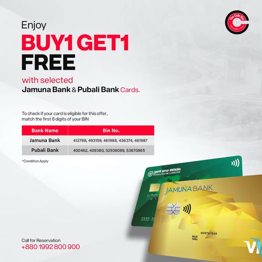 Buy 1 Get 1 Free on Premium Buffet at The Cafe Rio with Jamuna Bank & Pubali Bank Cards
