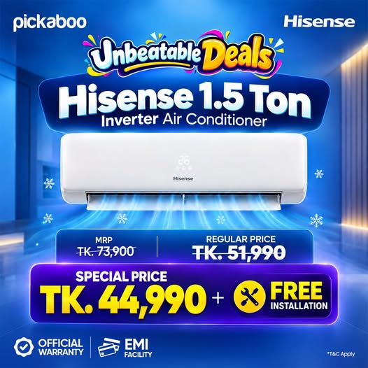 Hisense 1.5 Ton Inverter AC 44,990 tk at Pickaboo