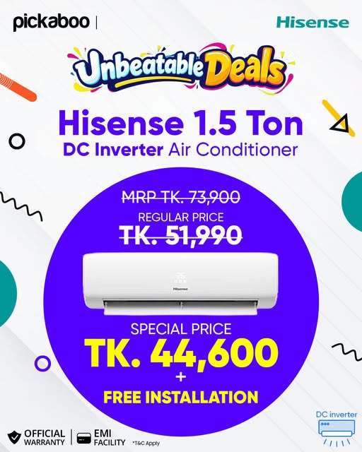 Hisense 1.5 Ton Smart Compact Inverter Air Conditioner at Tk. 44,600