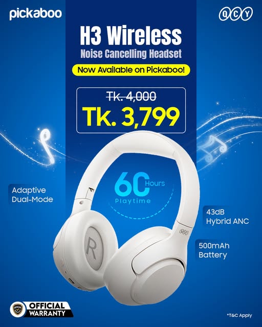 QCY H3 Wireless Noise Cancelling Headset at Tk 3,799 on Pickaboo
