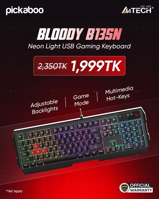 A4Tech Bloody B135N Neon Light USB Gaming Keyboard for ৳1,999