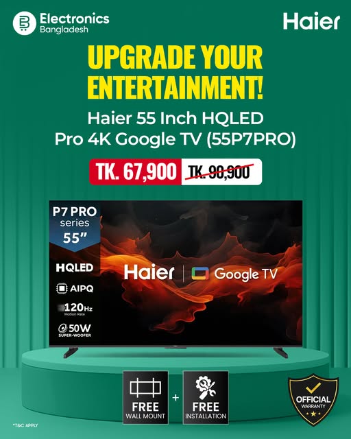 Haier 55" HQLED Pro 4K Google TV (55P7PRO) now only Tk. 67,900