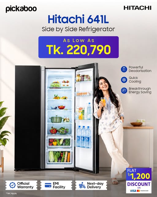 Flat Tk 1,200 OFF on Hitachi 641L Side-by-Side Refrigerator with Visa/Mastercard