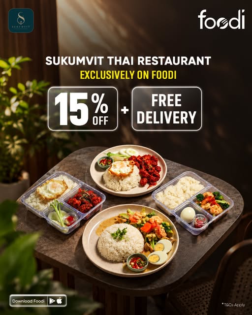 15% OFF and Free Delivery on Sukumvit Thai Restaurant orders via Foodi