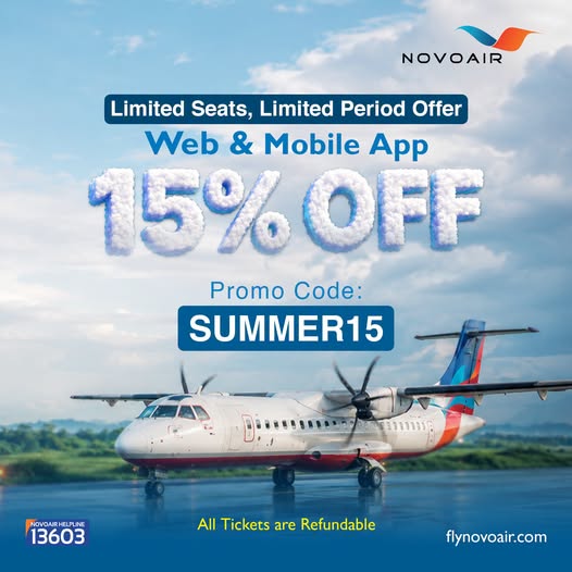 15% OFF on NOVOAIR bookings with promo code SUMMER15