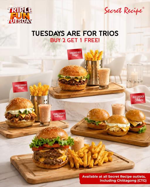 Triple the Fun, Every Tuesday! Buy 2 Get 1 FREE on All Burgers