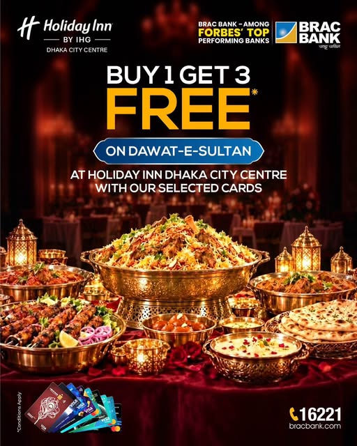 Buy 1 Get 3 Free at Holiday Inn Dhaka City Centre with BRAC Bank cards