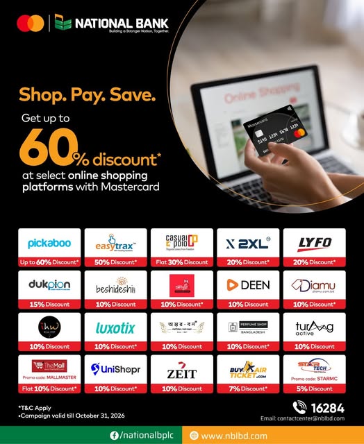 Up to 60% Discount at at selected online shopping platforms with National Bank Mastercard