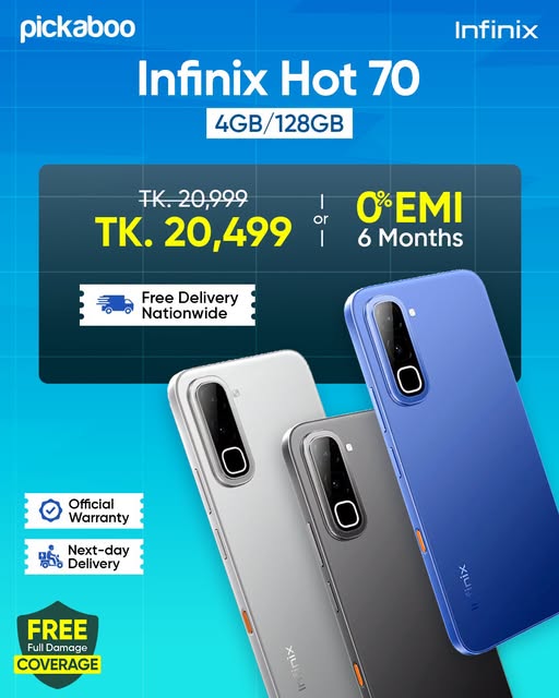 Infinix Hot 70 at Tk 20,499 with 6 Months EMI
