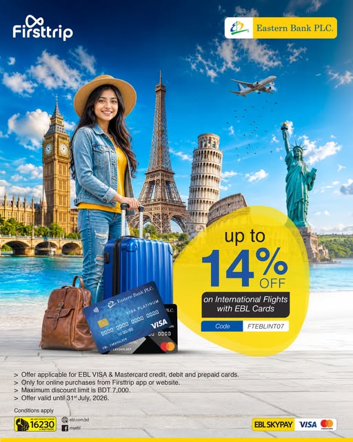 Up to 14% off international flights on Firsttrip with EBL cards