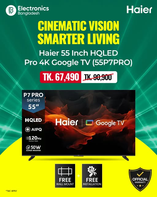 Haier 55 Inch HQLED Pro 4K Google TV (55P7PRO) for Tk 67,490