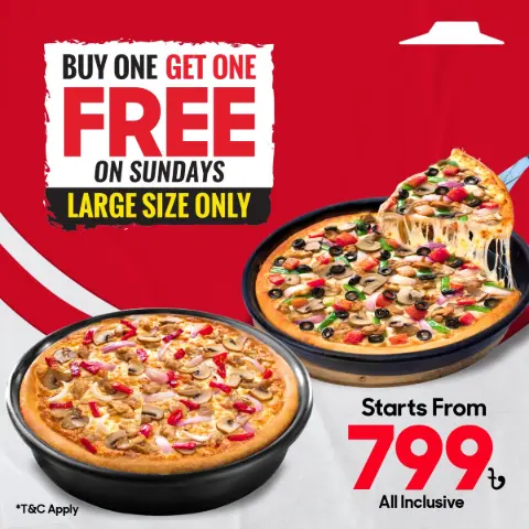 Enjoy Sunday Special 𝐁𝐮𝐲 𝟏 𝐆𝐞𝐭 𝟏 𝐅𝐫𝐞𝐞 offer, starting from 𝗧𝗸.7𝟗𝟗 (𝗔𝗹𝗹 𝗶𝗻𝗰𝗹𝘂𝘀𝗶𝘃𝗲) on Large 𝐏𝐢𝐳𝐳𝐚!!