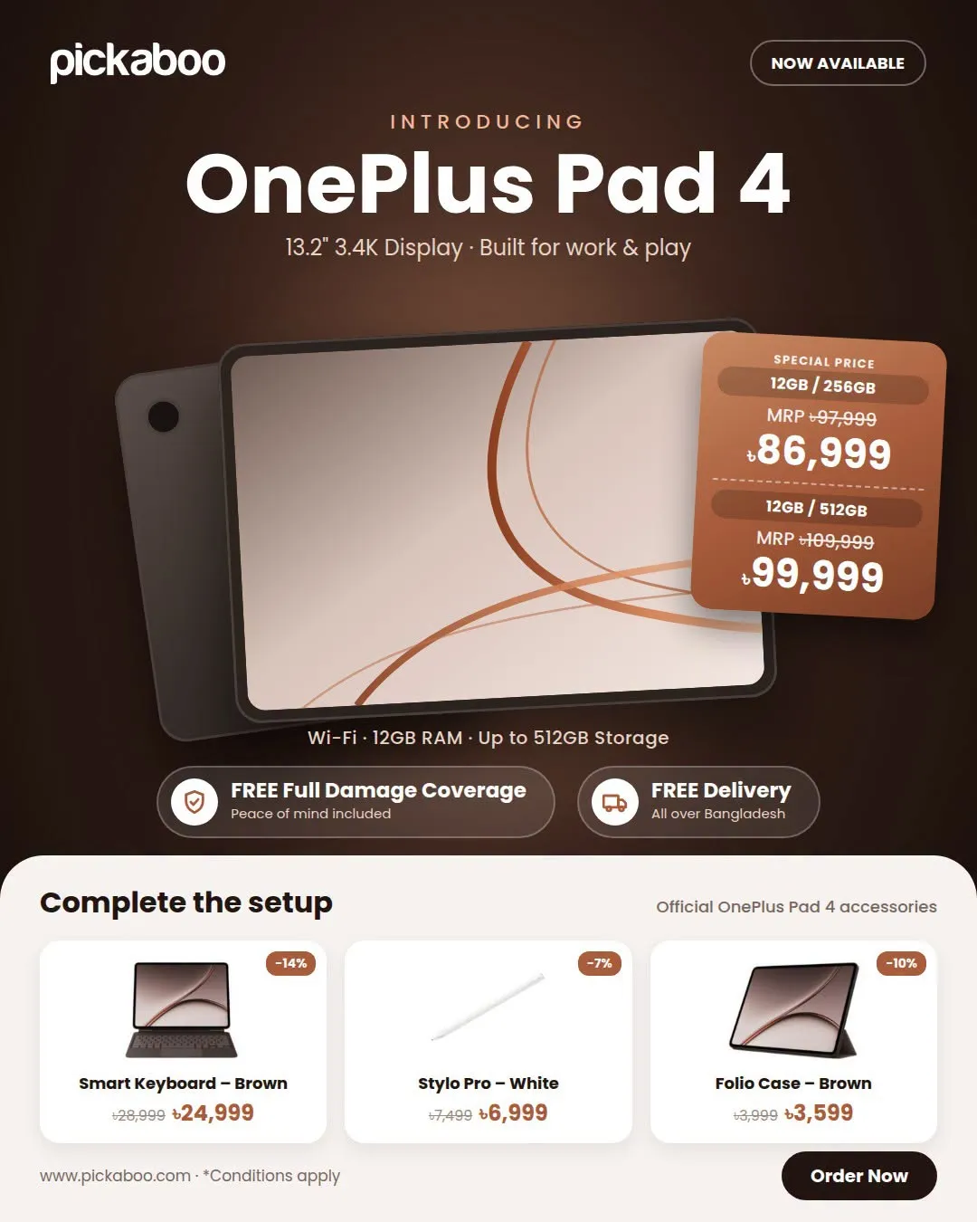 Free Damage Coverage, Free Delivery and up to 15% off on OnePlus Pad 4 at Pickaboo